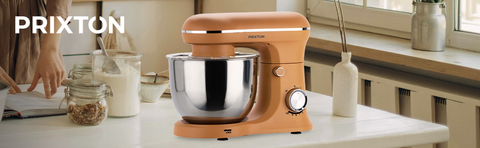 Міксер Prixton KR250 для випічки, 1500 Вт, 10 швидкостей, чаша 5 л з нержавіючої сталі, 3 насадки, прозорий ковпак (Оранжевий)