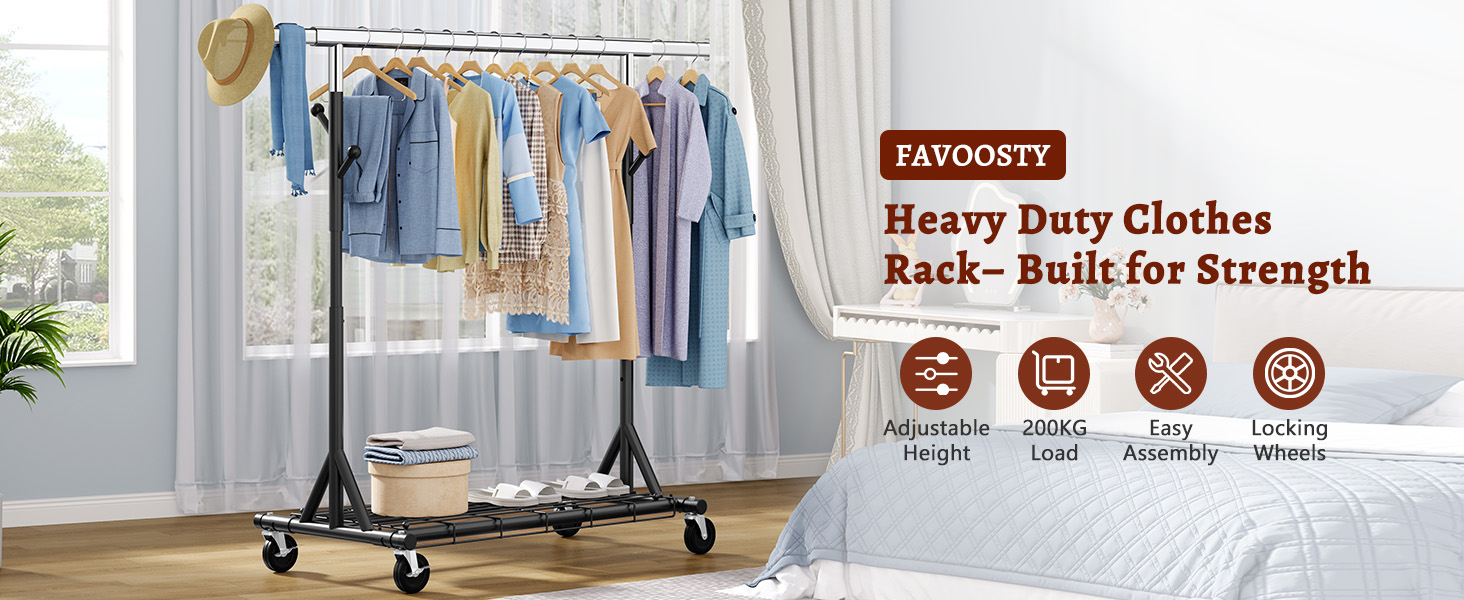 Стійка для одягу на колесах FAVOOOSTY, металева, мобільна, до 200 кг, чорна, 1 перекладина