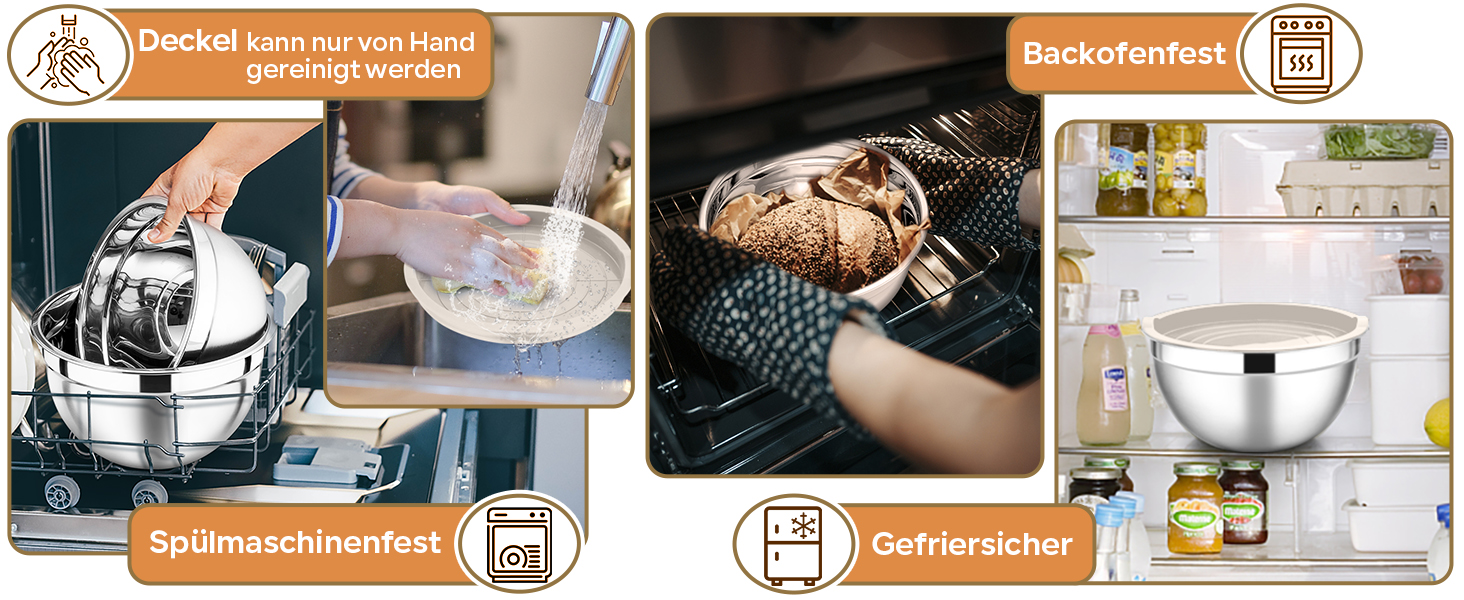 Набір мисок HaWare 7 шт. з нержавіючої сталі з кришками, 6.5/4.5/3/2.5/1.5/1.2/0.7L, для приготування, випікання, салатів, миття в посудомийній машині, Khaki/Нержавіюча сталь