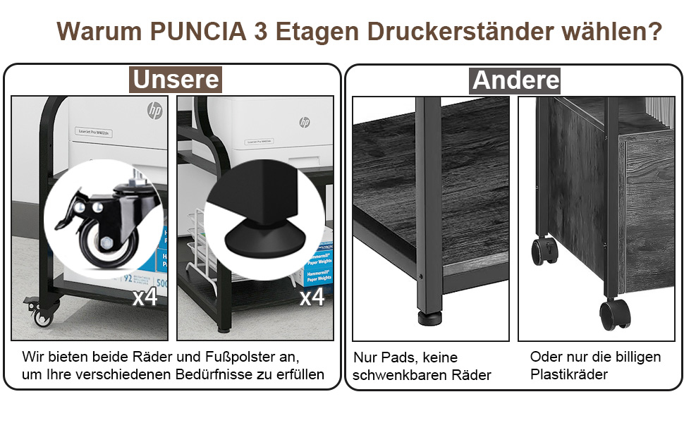 Регульований стіл для принтера PUNCIA з 3 полицями, з роликами, мобільний візок для принтера з дерева та металу, чорний (60 x 50 см)