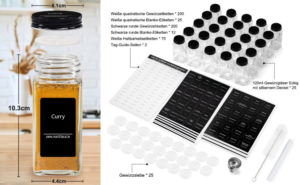 Набір баночок для спецій 25 шт. 120 мл, чорна кришка, з 512 етикетками, вставка для розбризкування, ручка, лійка та щітка