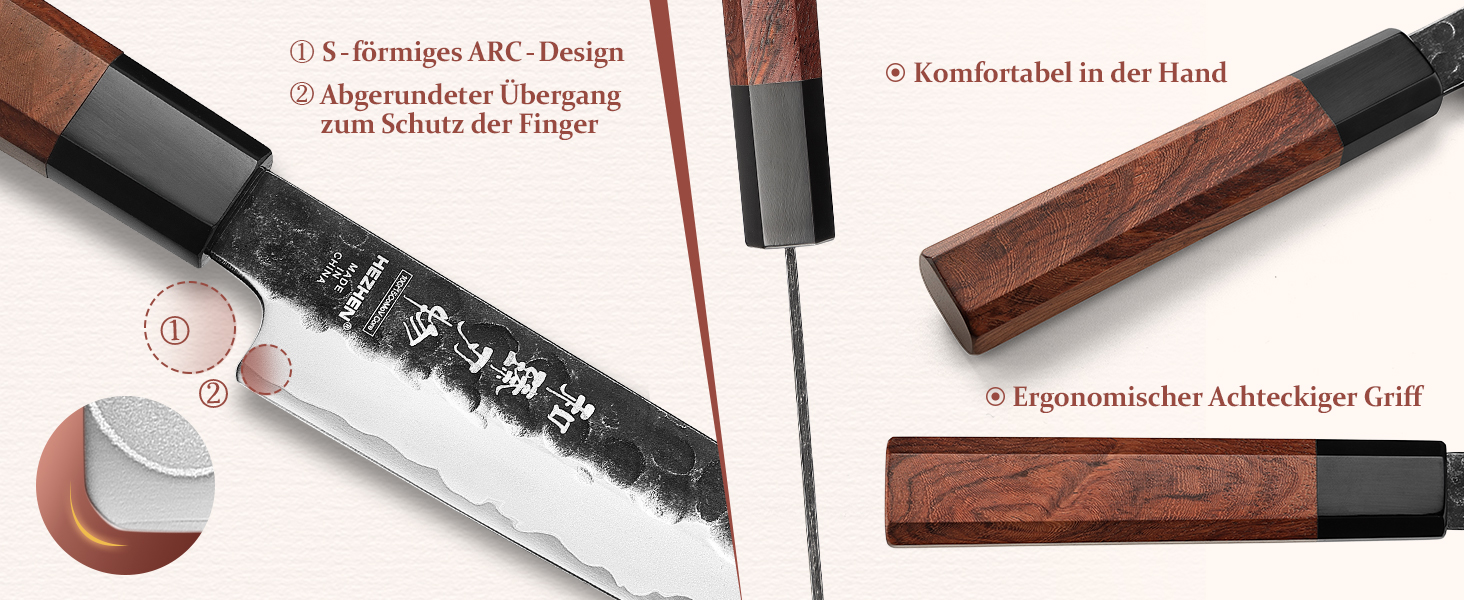 Професійний японський ніж Kiritsuke HEZHEN 21,5 см, кухонний ніж із тришарової дамаської сталі з восьмигранною ручкою з червоного дерева та дерев'яним чохлом