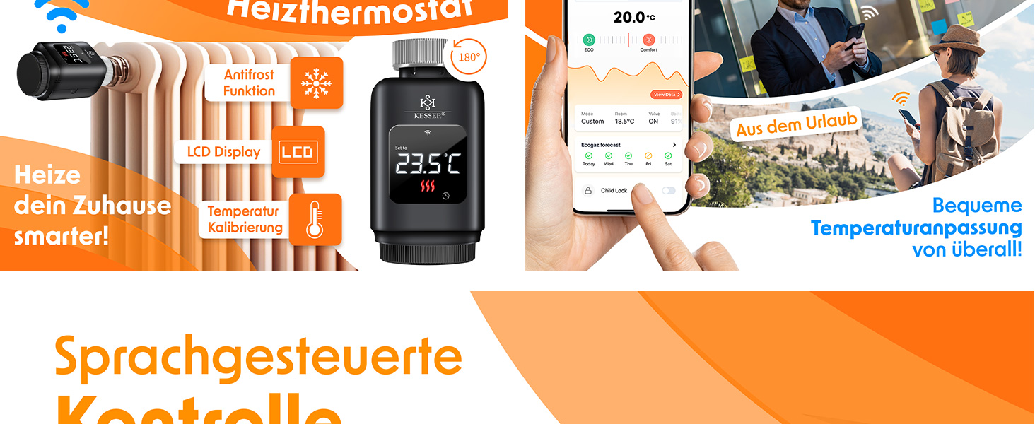 KESSER® WiFi термостат на радіатор опалення з керуванням через додаток Smart Home | Комплект 2 шт, білий. Сумісний з Alexa та Google Assistant. Економія енергії!