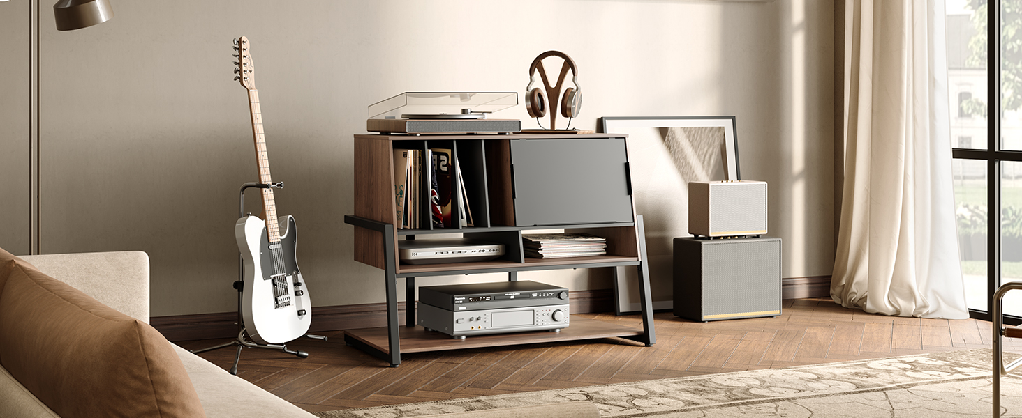 Стіл для програвача FITUEYES DESIGN з дерева, велика тумба Hi-Fi з висувною дверцятами, полиця для 120 платівок, вантажопідйомність 50 кг, серія Eiffel