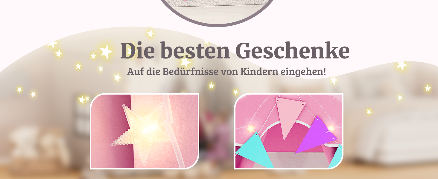 Дитяче намет-ігровий будиночок EROMMY 2-в-1 з килимком, прапорцями та світлодіодними смугами, з двома дверцятами, з даховим віконцем, для дому, 3+ роки (Рожевий)