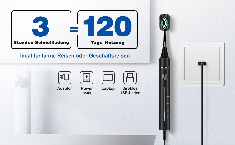 Електрична звукова зубна щітка, 45000 VPM, відбілювання за 1 тиждень, 120 днів роботи від акумулятора, індикатор заряду, 6 насадок DuPont, 5 режимів, таймер, чорна