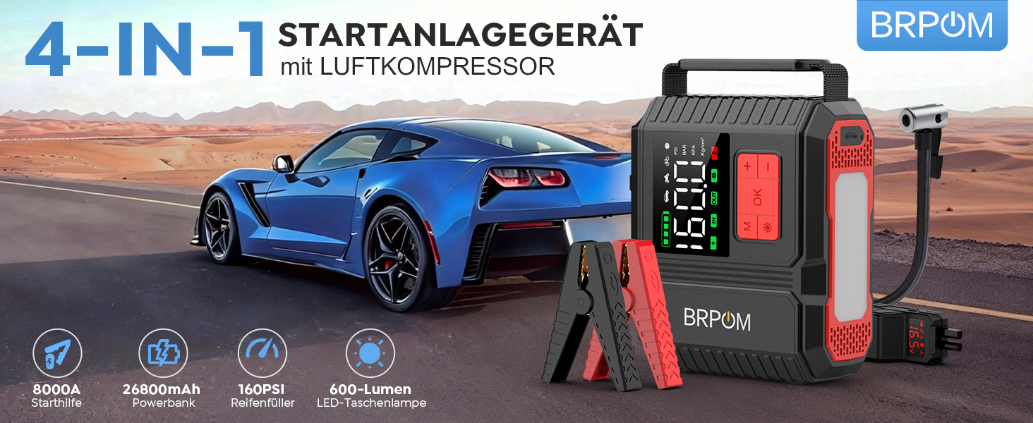 Портативний пусковий пристрій BRPOM з компресором та LED-ліхтарем, 26800mAh, 160PSI, сумісний з бензиновими та дизельними двигунами (до 12.0L)
