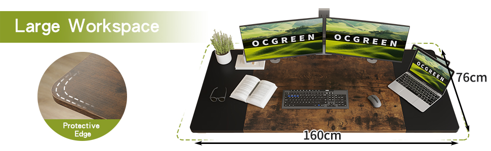 Письмовий стіл OCGREEN з регулюванням висоти L-подібної форми 160x76 см, електричний, контроль пам'яті, чорнийкоричневий