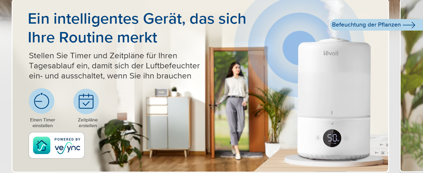 Зволожувач повітря Levoit Smart для спальні та дитячої кімнати, 3 л, кремовий. З сенсором вологості, тихий (20 дБ), з обертовою насадкою 360° для рослин.