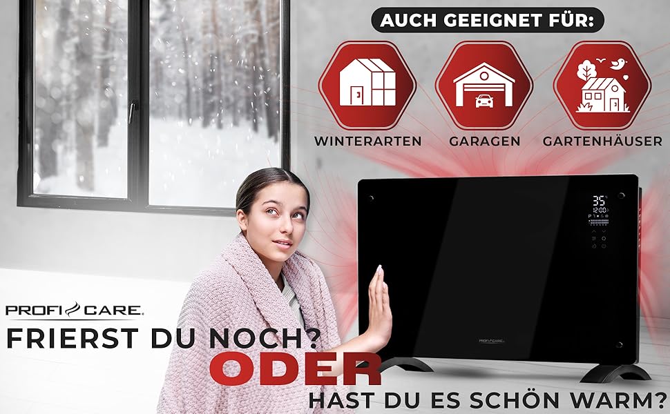 ProfiCare® Електричний конвектор з скляною передньою панеллю та X-подібним нагрівальним елементом | Мобільний обігрівач, також підходить для настінного монтажу | Конвектор з 2 рівнями нагріву | Безшумне опалення - 0dB | PC-GKH 3119 чорний