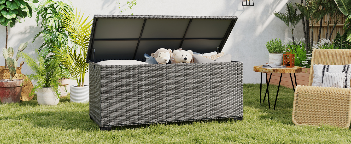 Водонепроникний садовий ящик Amopatio Gartenbox 650л з поліротангу, сірий. Ящик для подушок, металева коробка для зберігання з газліфтами для саду, балкону