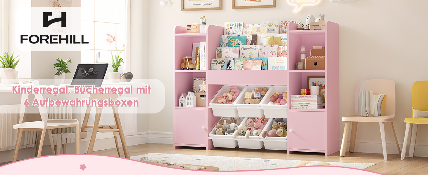 FOREHILL Дитяча полиця-стеллаж для іграшок та книг з 6 ящиками, 119 x 29,5 x 94 см, білий (рожевий)