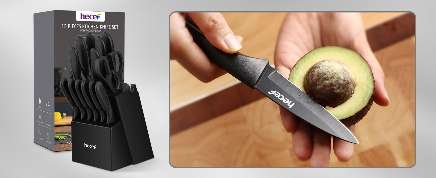 Набір кухонних ножів Hecef 15 предметів з бруском, чорний, з антипригарним покриттям, можна мити в посудомийній машині, самозаточуваний брусок, ергономічні ручки, кухонний набір ножів для початківців та кулінарів-ентузіастів
