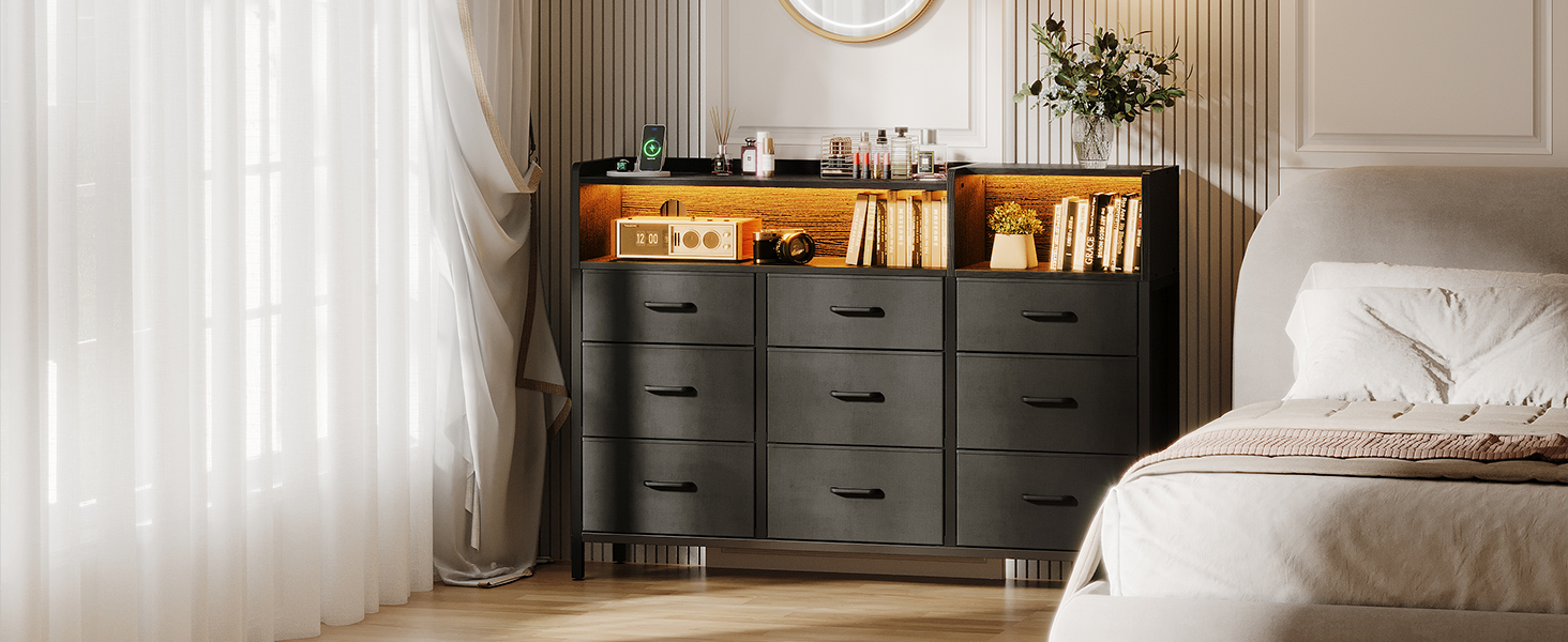 Комод ODK з шухлядами, 2 розетки, 2 USB, 10 LED-смужок, полиця, стільниця, 9 тканинних шухляд, чорний колір, 130x30x97 см