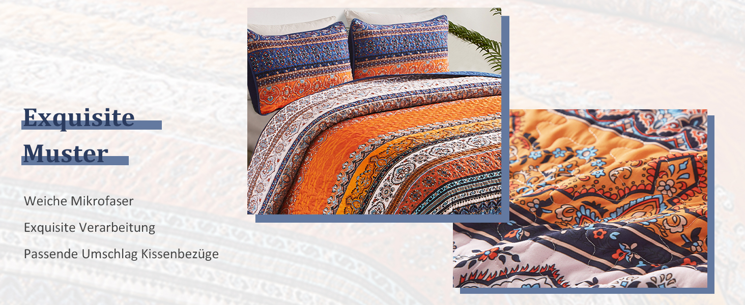 Постільна покривало WONGS BEDDING в стилі Бохо 220x240 см, 3-предметний комплект з 2 наволочками 50x70 см, стібана ковдра з мікрофібри для двоспального ліжка та дивана