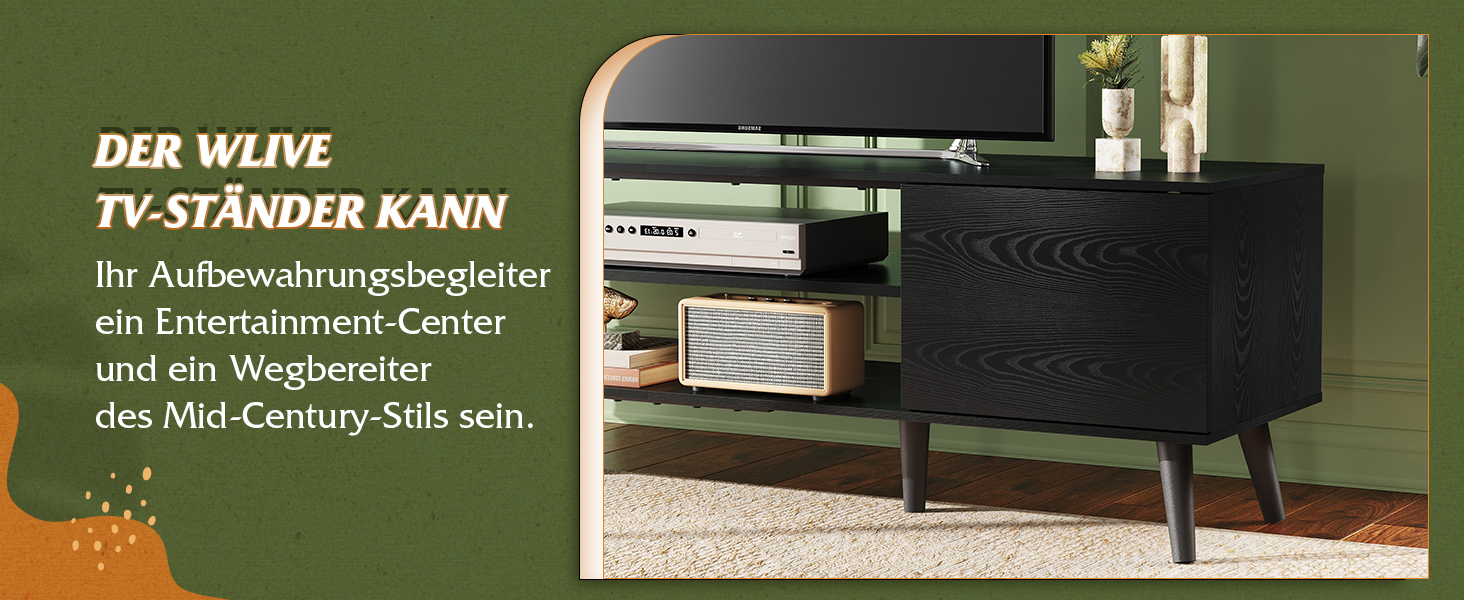 Тумба під телевізор WLIVE Schwarz 160x40x47 см, чорна, з 2 дверцятами та 2 відкритими полицями для вітальні, спальні, їдальні