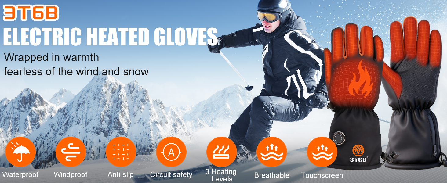 Обогревні рукавиці 3T6B для чоловіків та жінок, 3-рівневий обігрів, акумулятори 2x5V 6000mAh, Type-C зарядка, водонепроникні, сенсорний екран, для катання на лижах, походів, велосипеда, мотоцикла
