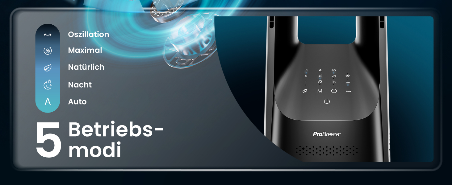 Pro Breeze Вентилятор без лопатей 101 см з LED дисплеєм та пультом - вежа, 6 швидкостей, 5 режимів, автоколивання 60°, таймер 7 годин, Smart App, чорний
