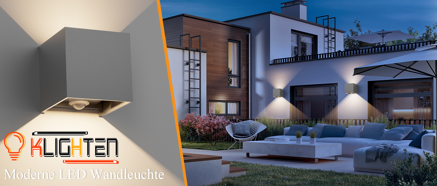 Klighten Зовнішня лампа з датчиком руху 12W, IP65, 3000K тепле біле світло, для внутрішнього та зовнішнього використання, регульований світловий потік, чорний колір