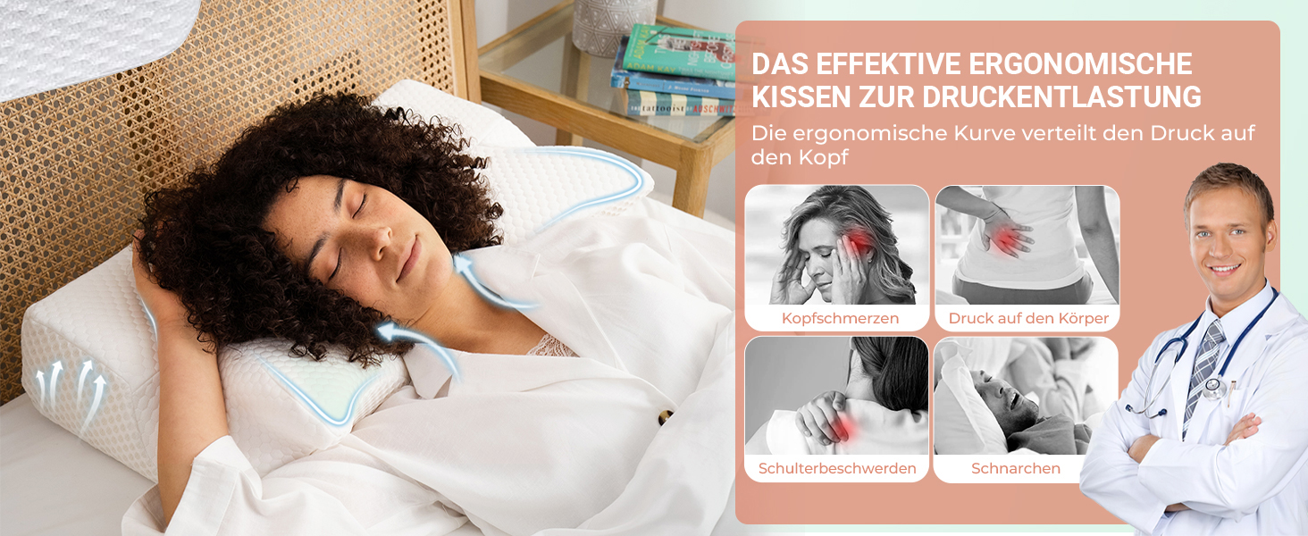 Ортопедична подушка для шиї Elviros з піни Memory Foam, ергономічна, для сну на спині, боці та животі, знімний охолоджуючий чохол, 64×(11,5/13)×40 см, сірий