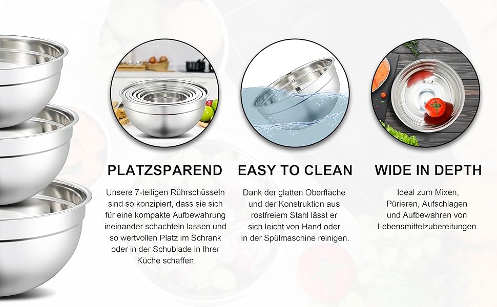 Набір місок для перемішування Hunnycook, 7 шт., нержавіюча сталь, з кришкою, для салатів, миття в посудомийній машині, 5L, 4.5L, 4L, 2.4L, 1.7L, 1.25L, 0.8L, сріблястий