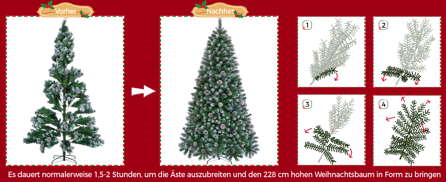 Штучна ялинка Yaheetech зі снігом та 64 шишками, 228 см, 920 гілок, вогнестійка, з металевим підставкою та системою швидкого складання