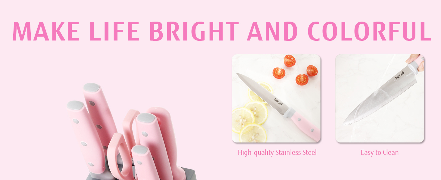 Набір ножів Hecef 14 предметів з дерев'яним блоком, професійний набір кухонних ножів з нержавіючої сталі, з ножицями, ножем для стейка та точилкою (рожевий)