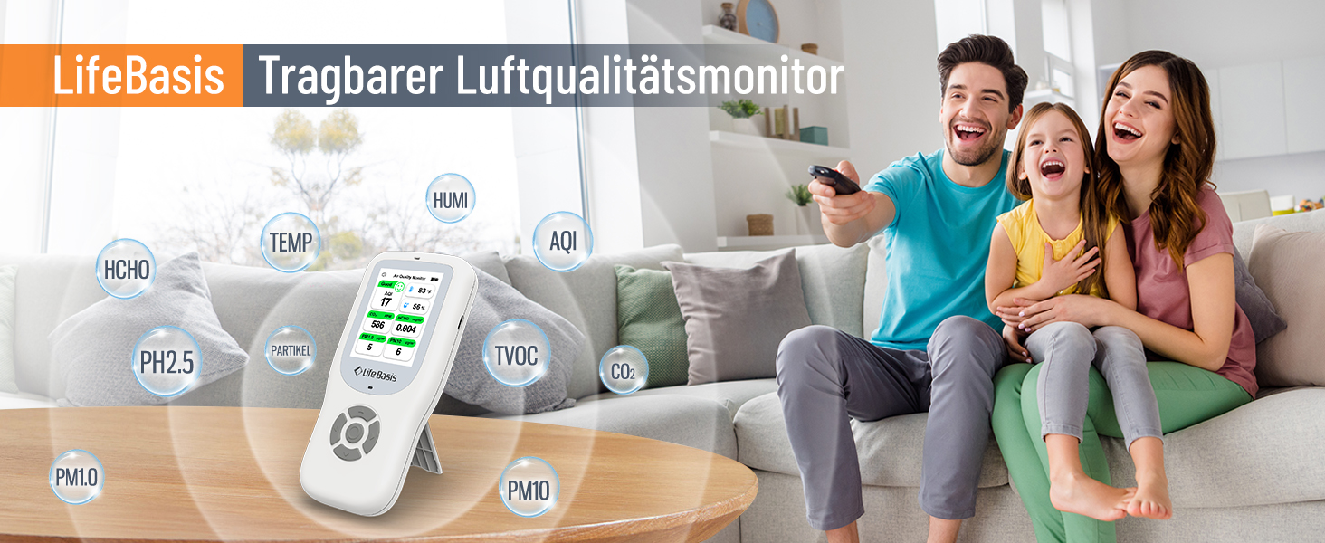 Детектор якості повітря LifeBasis 10 в 1: Формальдегід, AQI, PM2.5, PM10, HCHO, TVOC, CO2, Температура, Вологість. USB-зарядка для дому та офісу