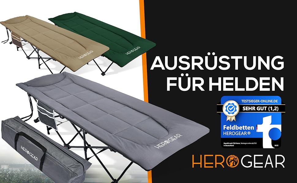 Складане польове ліжко HEROGEAR з м'яким бавовняним наповнювачем, інтегрованою подушкою та матрацом, для дорослих, гостьове, туристичне, пляжне, садове, розкладне, 190x67 см