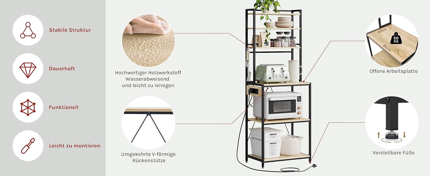 Кухонна полиця WOLTU з 6 ярусами, з розетками, для мікрохвильової печі, з металевим каркасом, регульовані полиці, Чорний+Рустикальне коричневий, 60 x 167 x 40 см (Чорний+світлий дуб, 60 x 39,5 x 167 см)