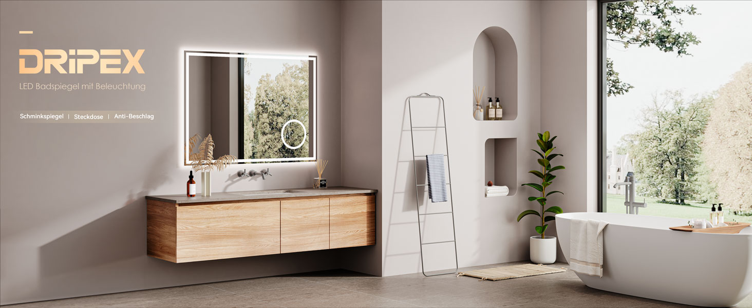 Дзеркало для ванної кімнати з LED-підсвічуванням Dripex, 50x70 см, сенсорне керування, антизапар, холодне біле світло 6400K, енергозберігаюче