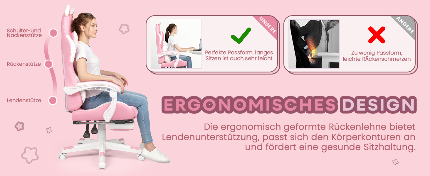 Ігровий крісло Waleaf з підголовником у вигляді лапки кота та вушками, ергономічний геймерський крісло з підніжкою, регульоване крісло для комп'ютера з PU шкіри для дівчаток-підлітків, ігрове крісло 135кг, рожеве