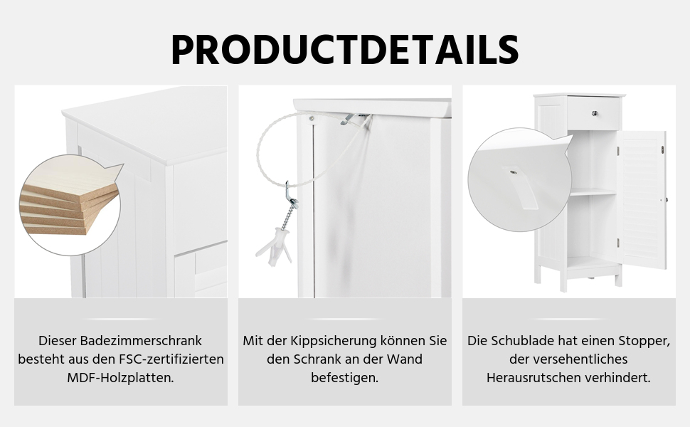 Шафка для ванної кімнати Yaheetech - вузька тумбочка з шухлядою та дверцятами, 32 x 30 x 87 см, біла