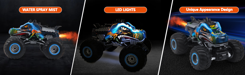 Радіокерований позашляховик Динозавр 1:16 RC Monster Truck з розпилювачем, музикою, LED-підсвіткою, 2.4GHz, 20км/год для дітей від 3 років