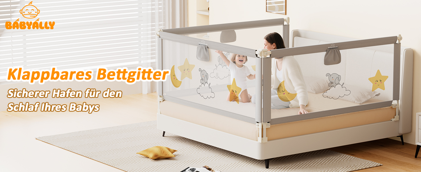 Бортики для ліжка дитячі 3 шт. (2x200 см + 1x180 см) складані, захист від випадання, малюнок - слоники