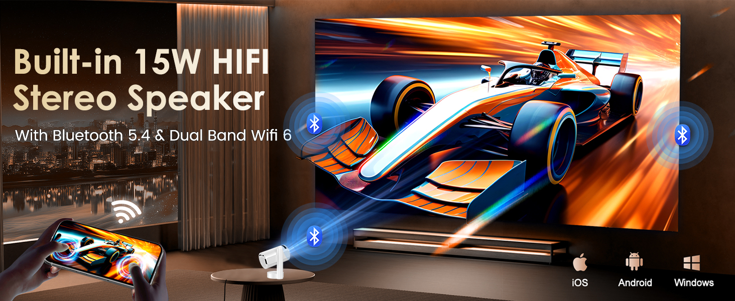 Портативний проєктор Mini Beamer 4K/1080p з Wi-Fi 6, Bluetooth 5.4, Android 13.0. Короткий фокус, поворот 270°, авто-корекція трапецеїдальних спотворень. Підтримка HDMI, TV Stick, Laptop, Memory Stick