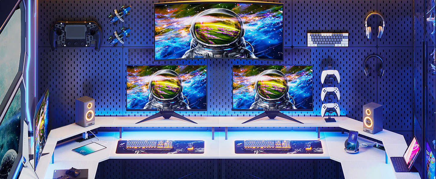 Ігровий стіл ODK 129x129 см з LED підсвіткою, 2 розетки та 2 USB, для ПК та комп'ютера, білий