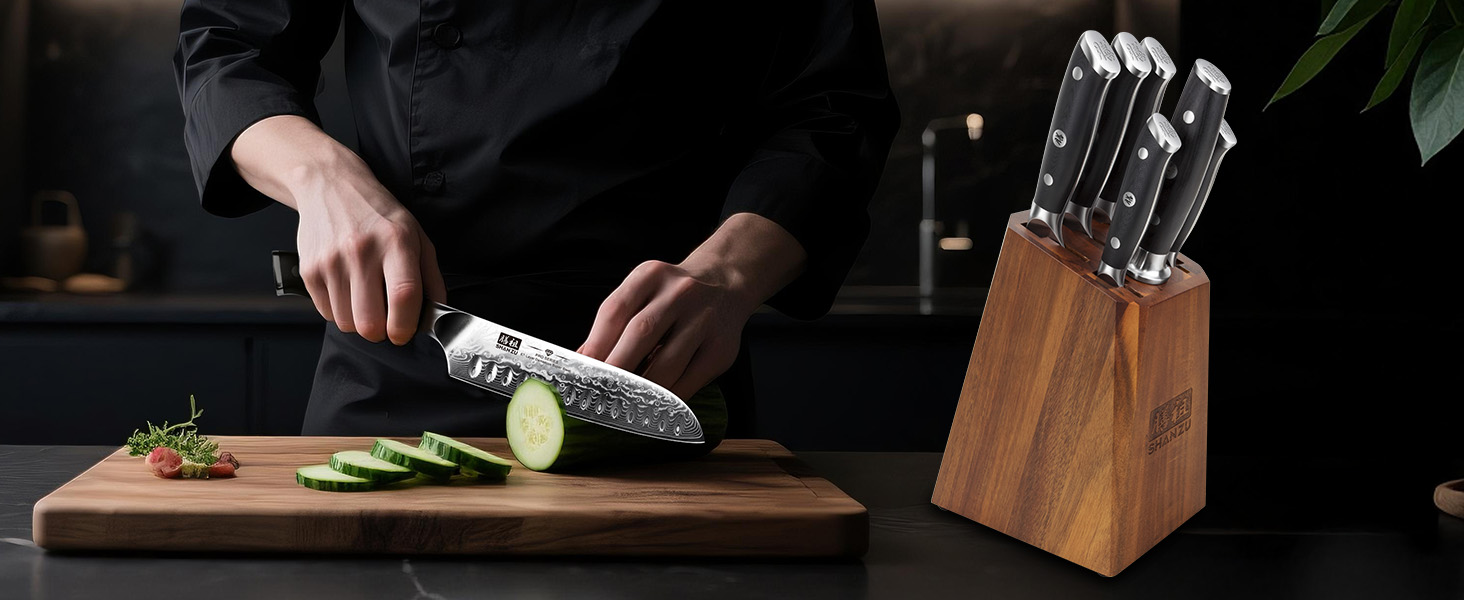 Набір кухонних ножів SHAN ZU PRO Series з дамаської сталі (67 шарів) з ручкою G10, 20 см (набір з бруском)