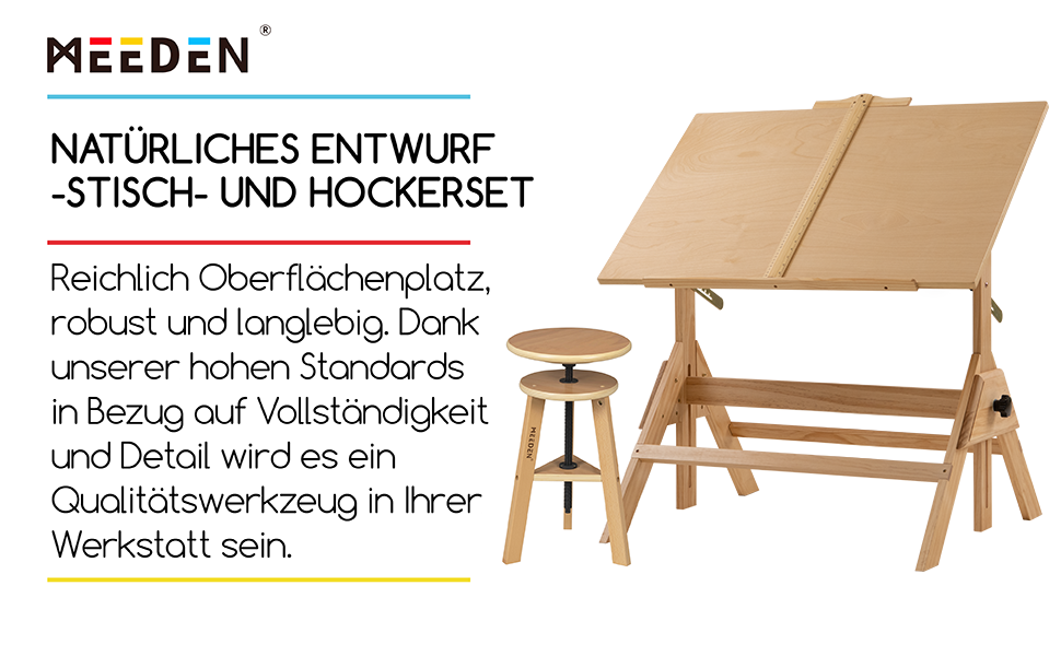 Дерев'яний стіл для малювання MEEDEN, 90x60см, регульований по висоті, в т.ч. табурет, для мистецтва, графічного дизайну, читання