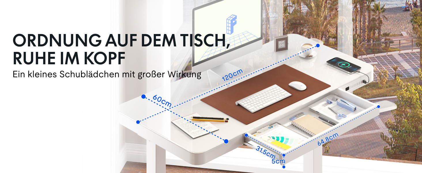 Електричний регульований стіл FLEXISPOT з підняттям, з USB та ящиком, скляна панель 120 x 60 см (сніжно-білий)