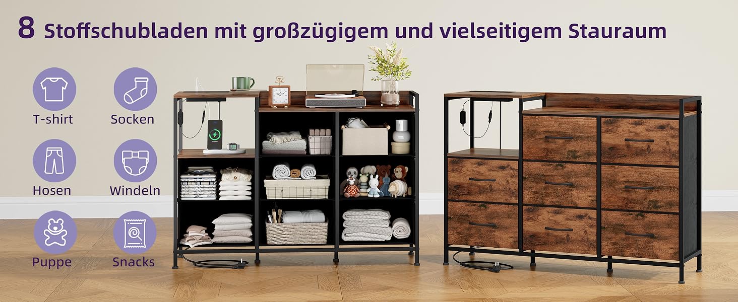 Комод Somdot для спальні, вітальні, передпокою з висувними ящиками, LED-підсвічуванням та розеткою (2 AC, 1 USB, 1 Type-C), 5 тканинних ящиків, білий, 29T x 66,5B x 70,5H см (декор під дерево, 29T x 99B x 70.5H см (8 ящиків))