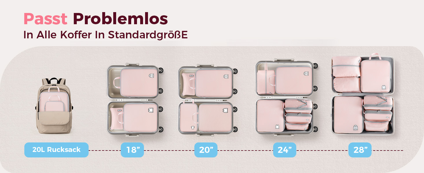 Набір компресійних органайзерів для валізи та рюкзака, водонепроникні пакувальні куби для подорожей, 8 предметів (Рожевий)