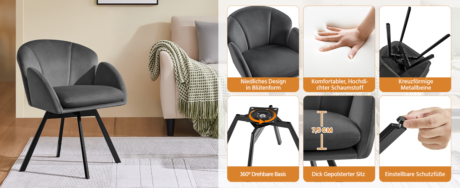 Офісний стілець Yaheetech 360° обертовий, оксамитовий, з подвійним сидінням, крісло для макіяжу, для офісу/спальні/вітальні, темно-сірий