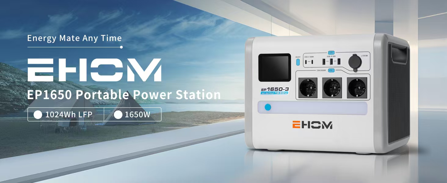 EHOM Портативна електростанція EP1650, 1024Wh, сонячний генератор LiFePO4, 3 * 1650W (пікова 2700W), 2 * 100W USB-C, 400W сонячна зарядка, тиха, резервне живлення для дому, подорожей, кемпінгу та саду