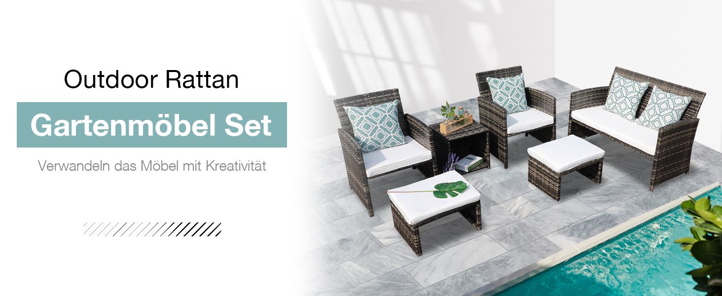 Садовий набір меблів OC Orange-Casual 5 предметів: плетений ротанг, диван, крісла, пуфи та столик, подушки в комплекті для балкона, тераси, подвір'я (Оранжевий, Сірий)