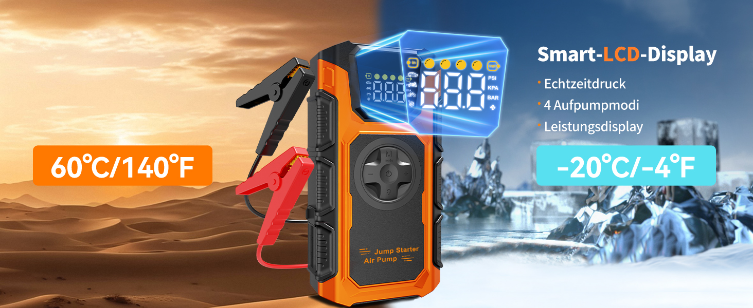 Пусковий пристрій (бустер) для авто Starthilfe 6000A з компресором 150 PSI, Powerbank 12V для бензинових та дизельних двигунів до 10л, з QC3.0, LCD-дисплеєм та ліхтарем, помаранчевий