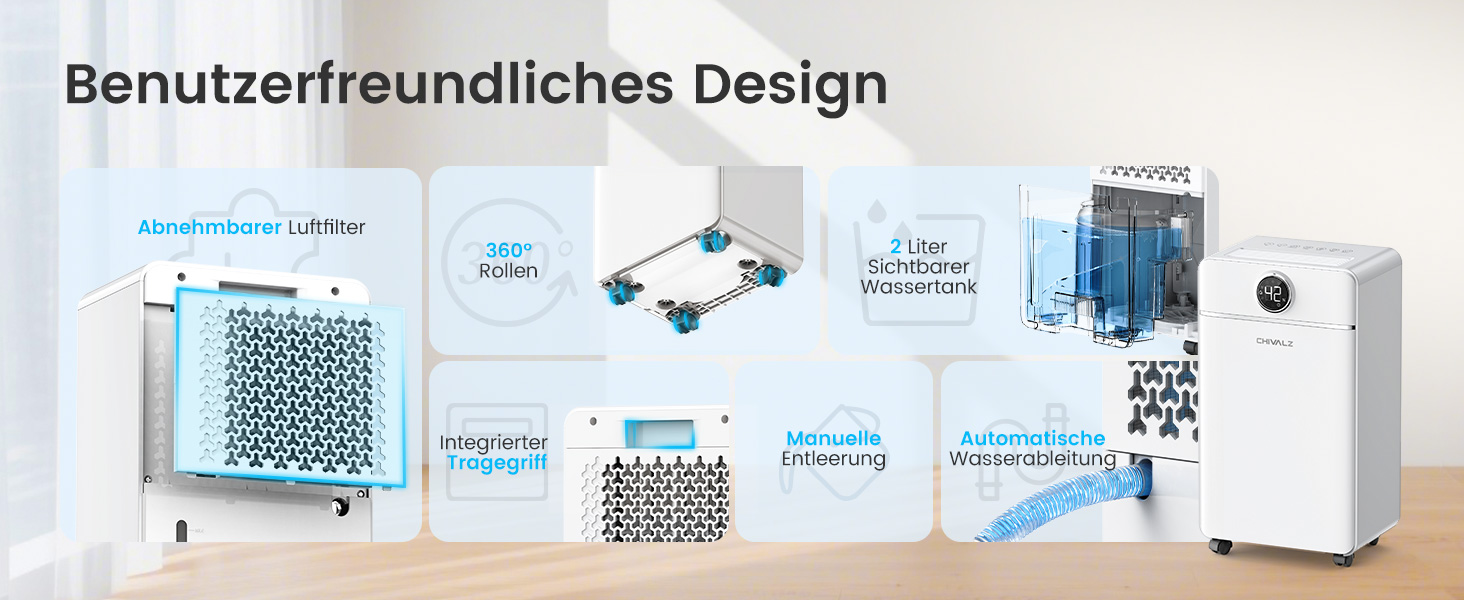 Електричний осушувач повітря CHIVALZ 12л/24г для приміщень до 120м³ (30м²), 3 режими роботи, таймер 24г, автоматична відтавлювання (білий)