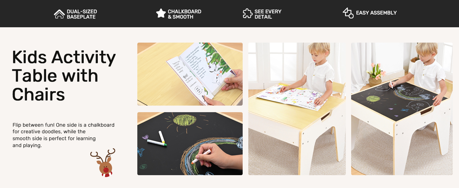 Дерев'яний дитячий набір меблів Wingyz 4-в-1: стіл, 2 стільці, стіл з місцем для зберігання. Ідеально для малювання, ігор та активностей.