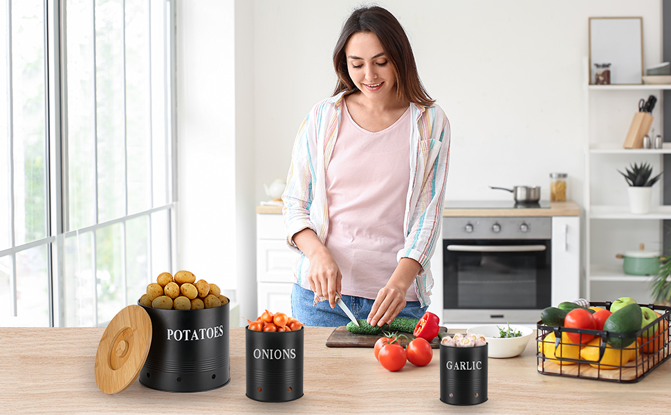 Набір контейнерів для зберігання картоплі, цибулі та часнику Lannvan | 3 шт. з бамбуковим кришками | З вентиляцією та захистом від світла (чорний)