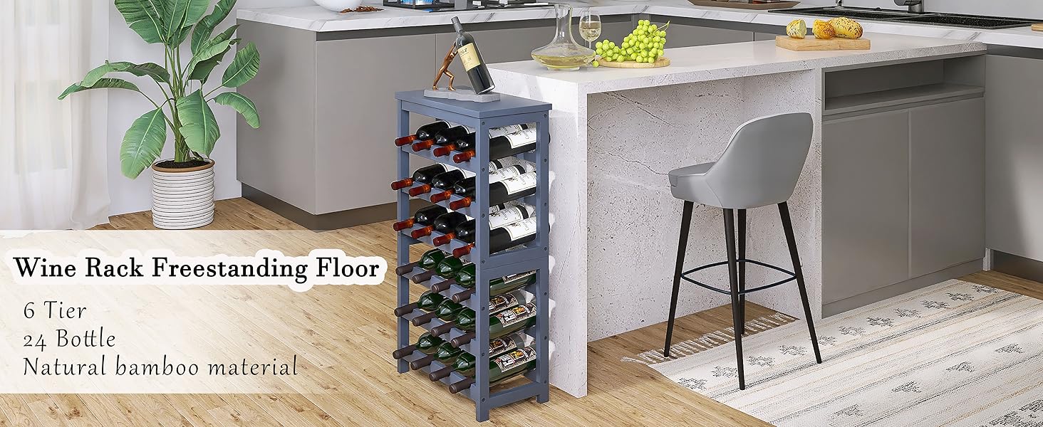 Стелаж для вина на 24 пляшки з бамбука, 6-ярусний, з полицями, сірий